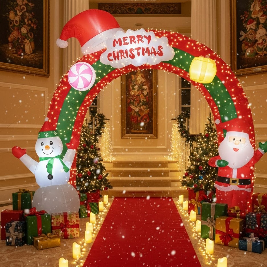 Inflatable Christmas arch indoors with trees, candles and gifts