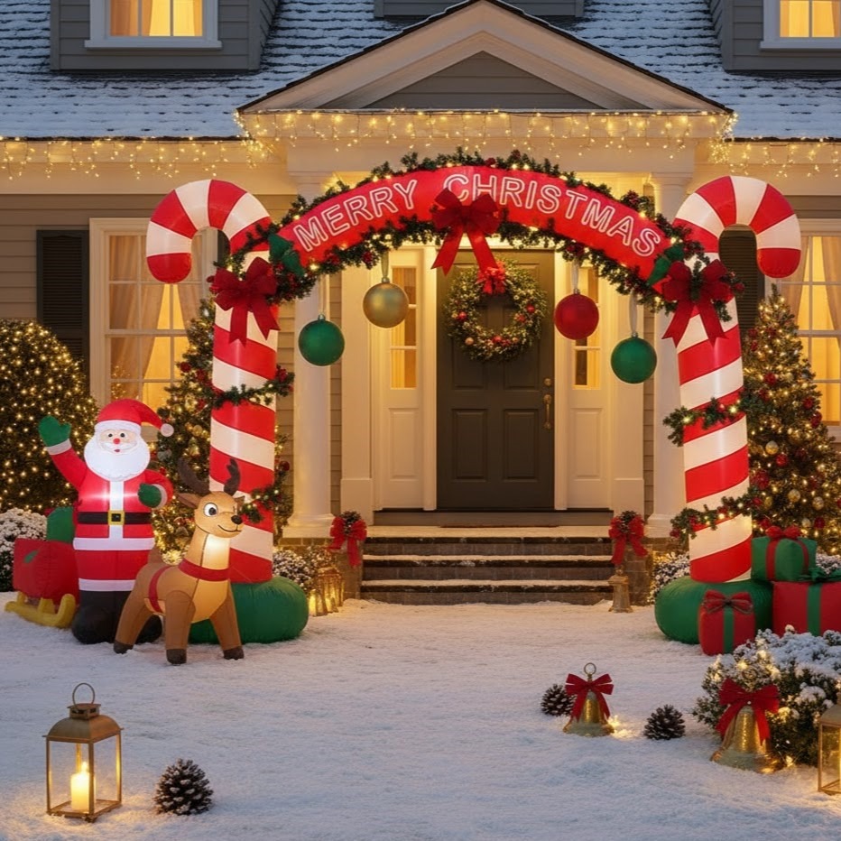 Candy cane arch with Santa and reindeer in snowy front yard