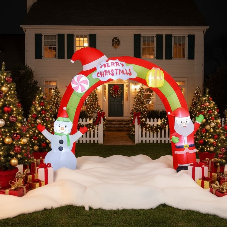 Large inflatable arch with Christmas trees and gifts in front garden