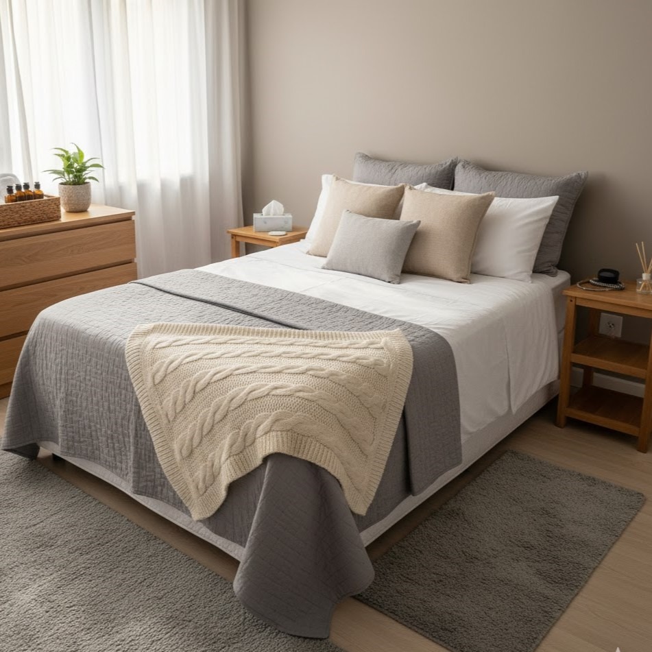 Guest bedroom with bedside lamp, folded blanket, and modern wooden furniture.