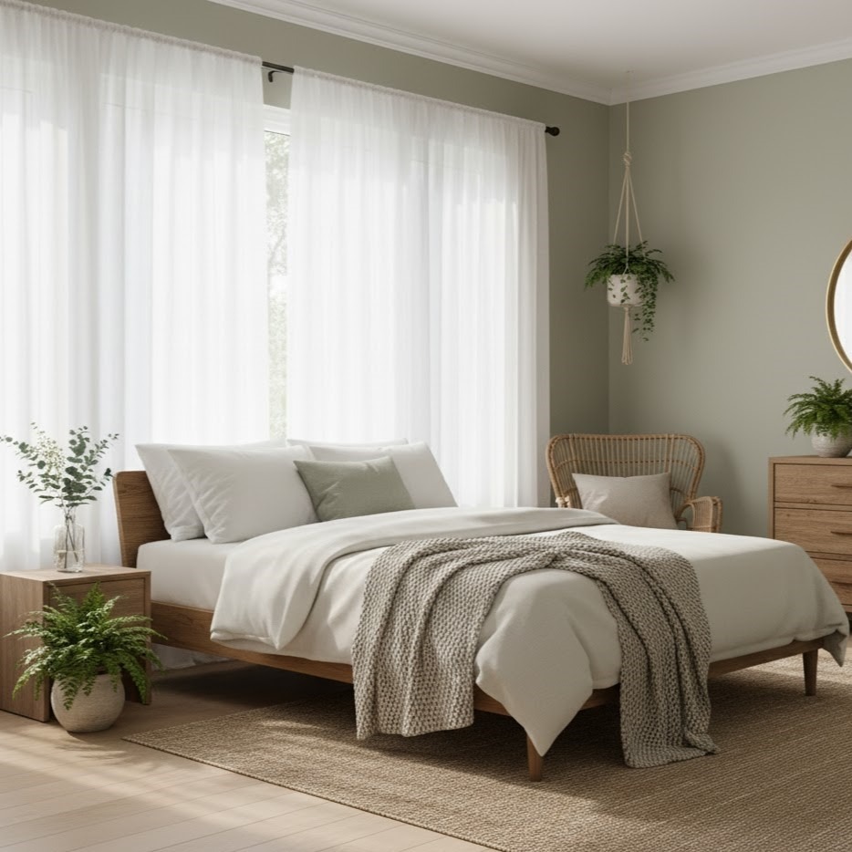 Bright bedroom with green plants, woven chair, and natural wooden furniture.