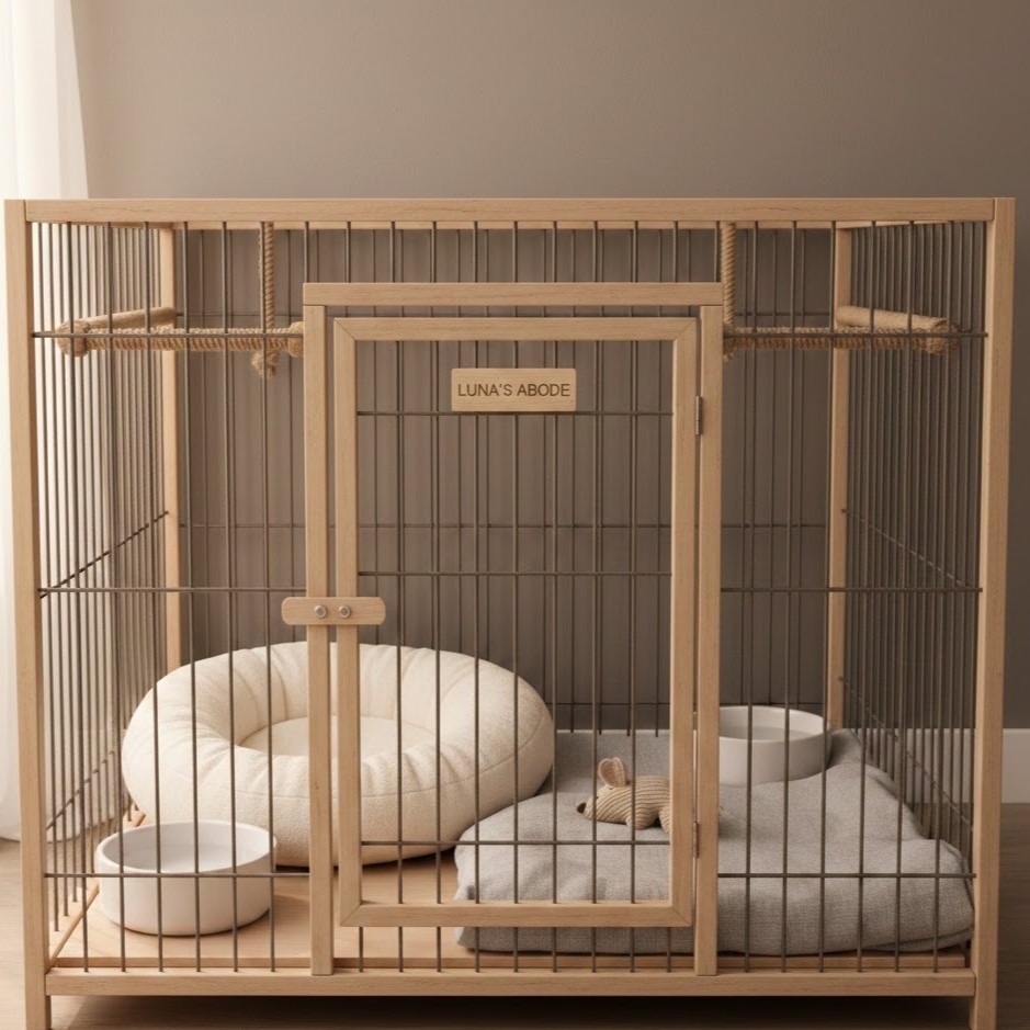 Stylish wooden cat enclosure with bedding, bowls, and décor.