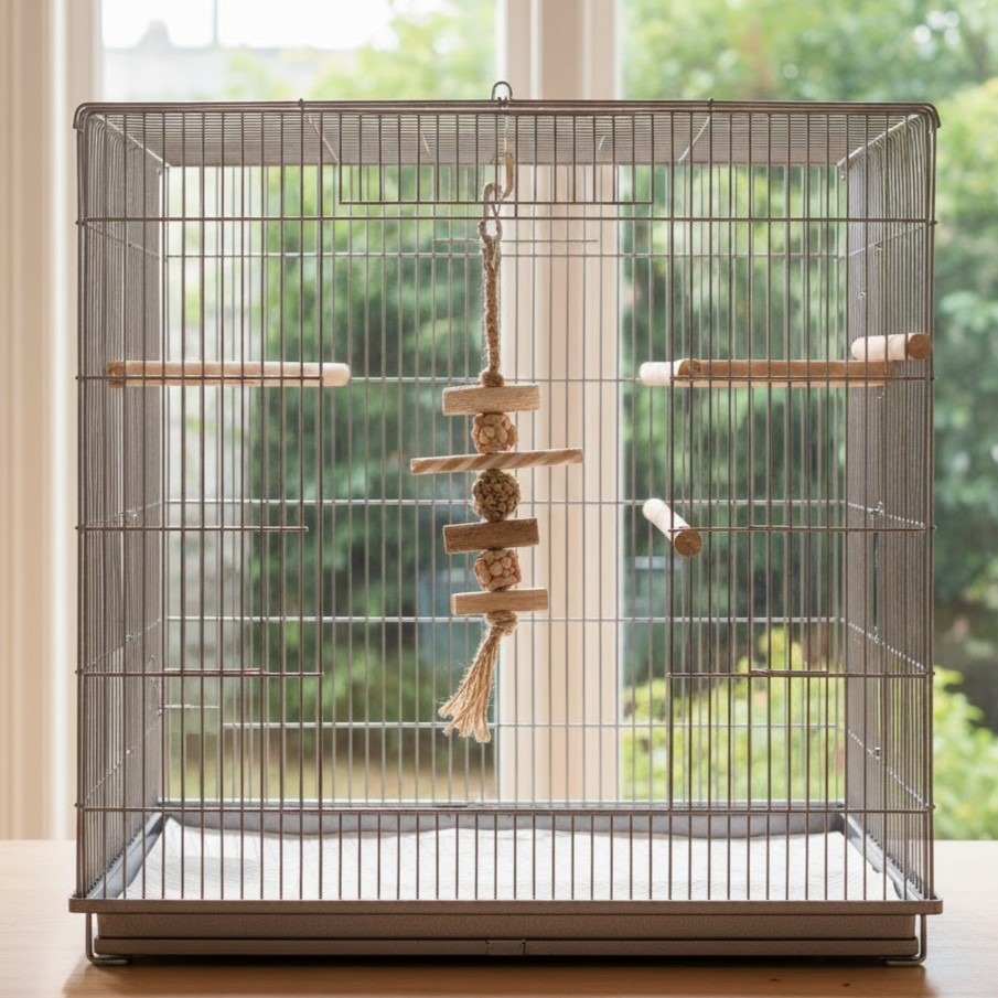Bird toy and natural wooden perches inside spacious bird cage.