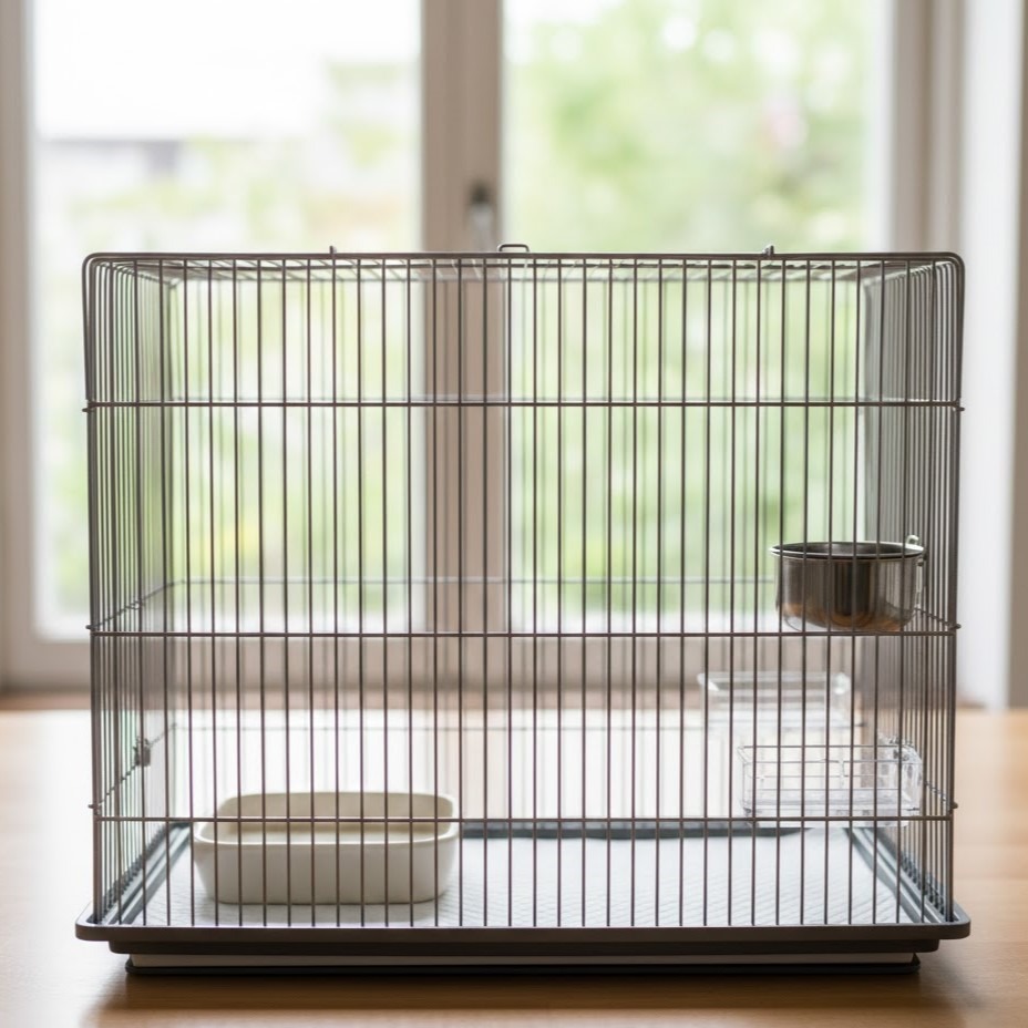 Empty bird cage with food and water bowls inside.