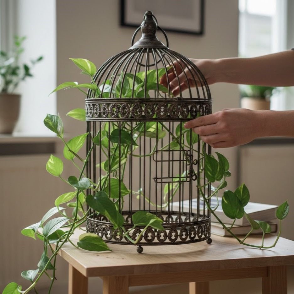 Hands arranging green trailing plant inside decorative bird cage.