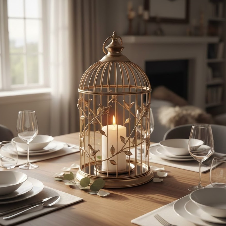 Lit pillar candle inside decorative bird cage on dining table.