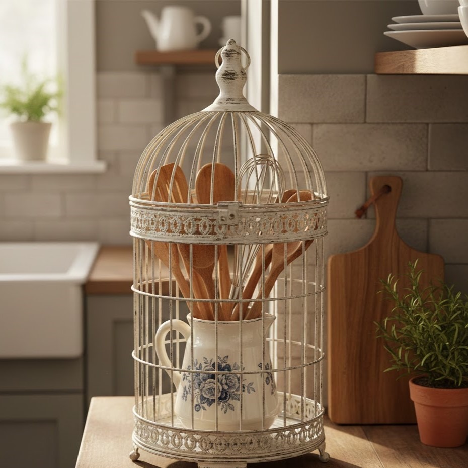 Vintage bird cage holding wooden utensils in a ceramic jug.