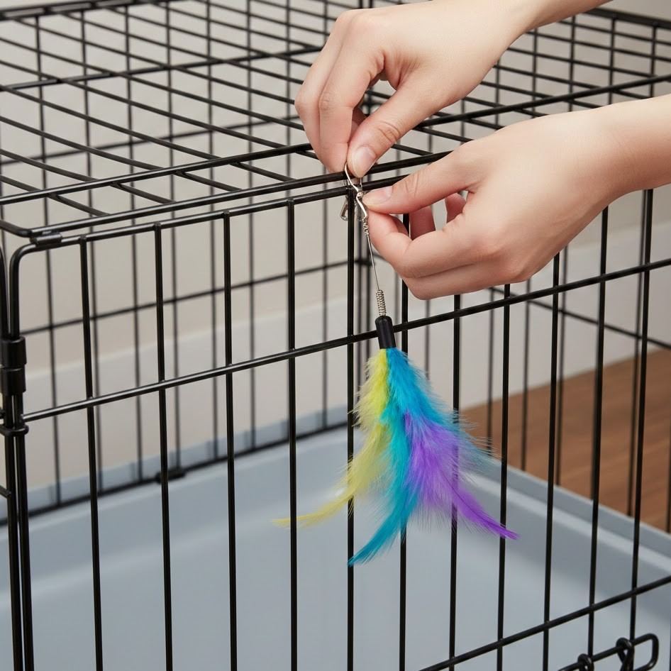 Person attaching a colorful feather toy to a metal cage top.