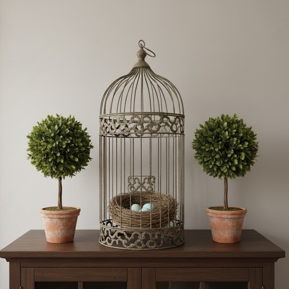 Decorative bird cage with nest and eggs beside topiary plants.
