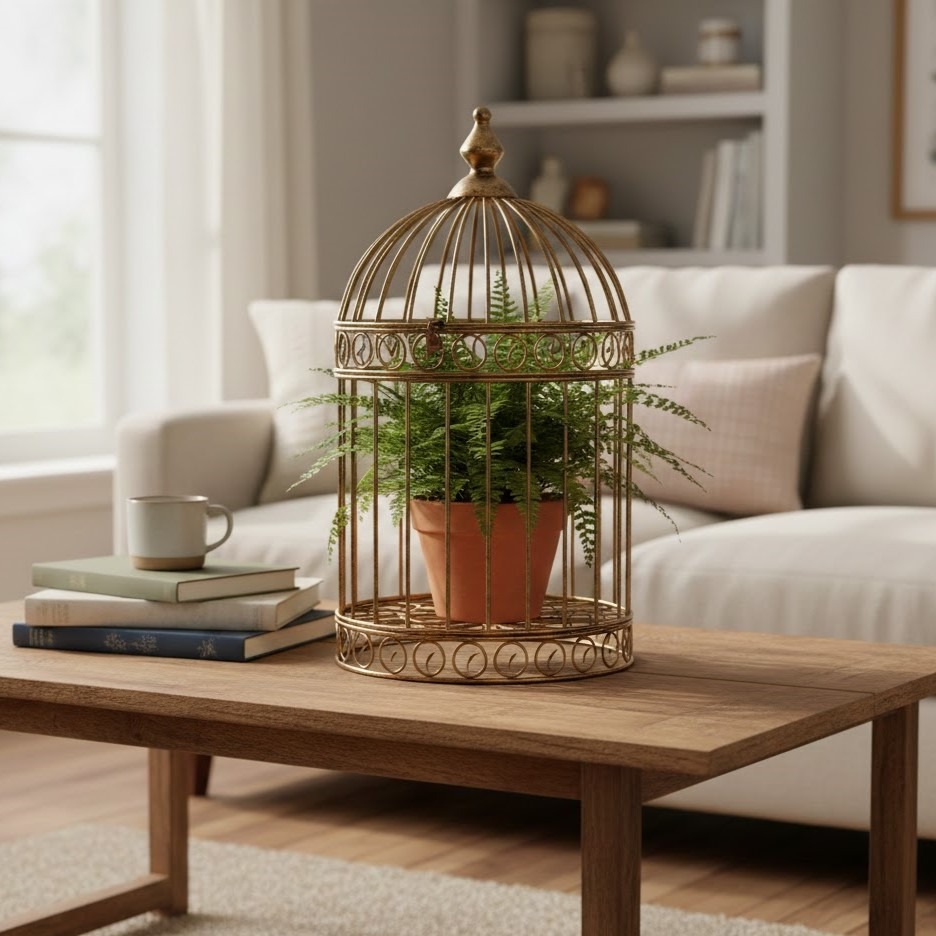 Potted fern displayed inside gold bird cage on coffee table.