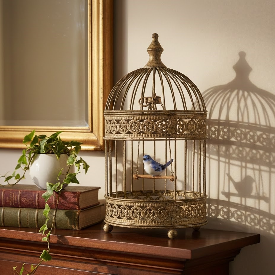 Decorative bird cage with blue figurine on a mantel.