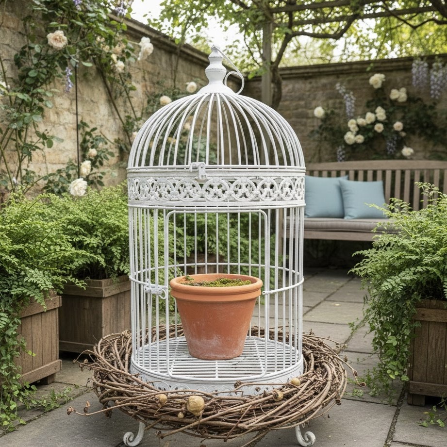 White bird cage with terracotta pot in a garden setting.