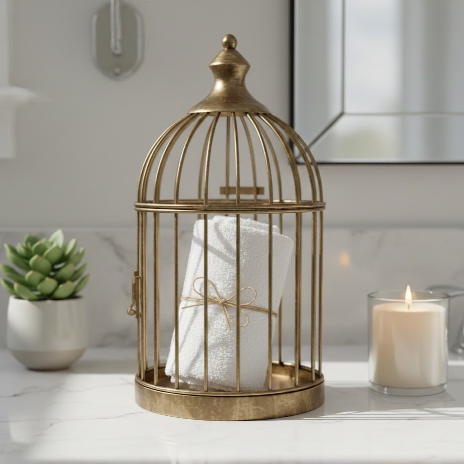 White towel inside gold bird cage on bathroom counter.