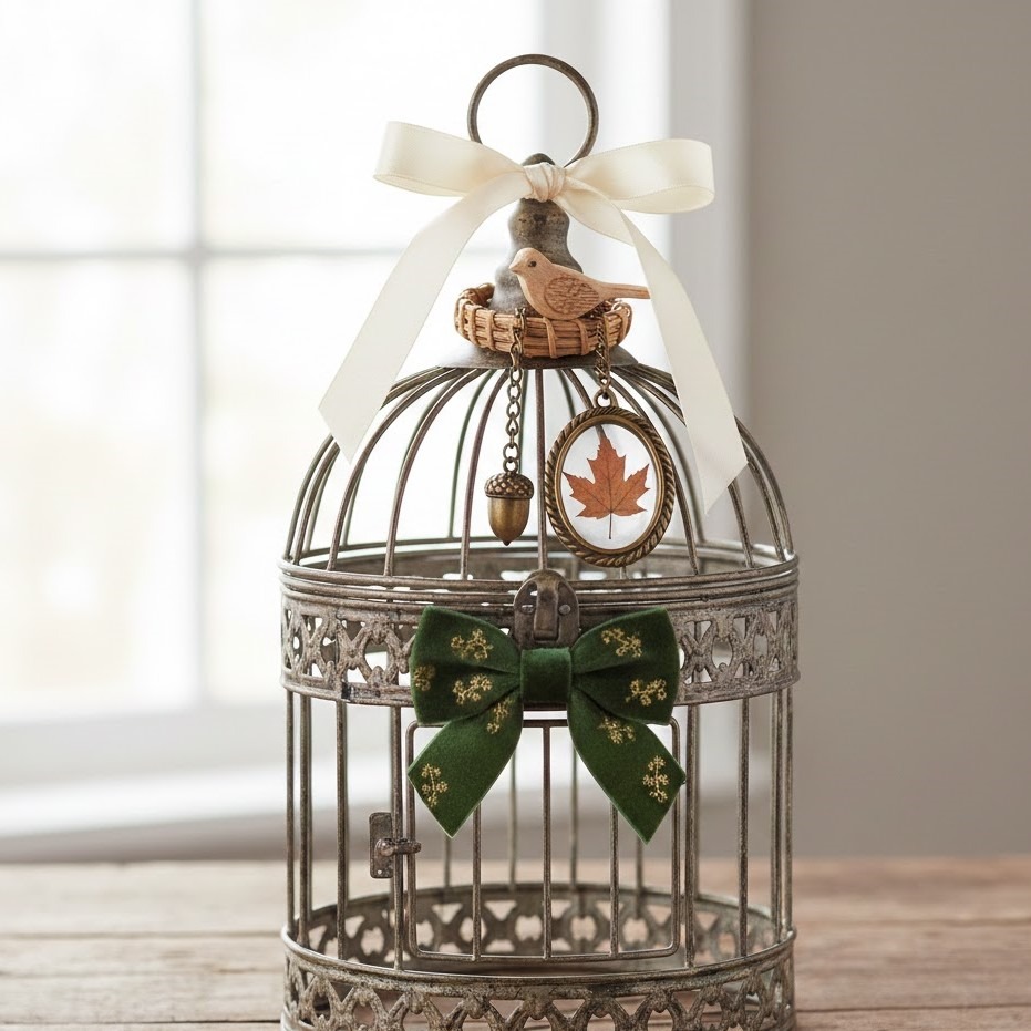 Decorative bird cage with bows, charms, and small bird figure.
