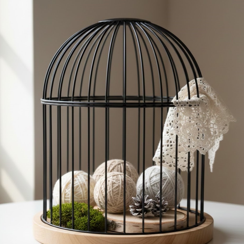 Yarn balls and lace displayed inside black decorative bird cage.