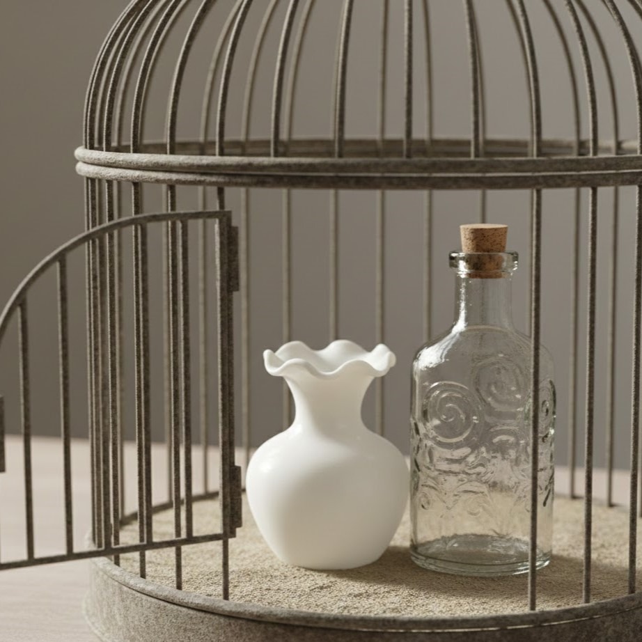 Glass bottle and white vase arranged inside metal bird cage.