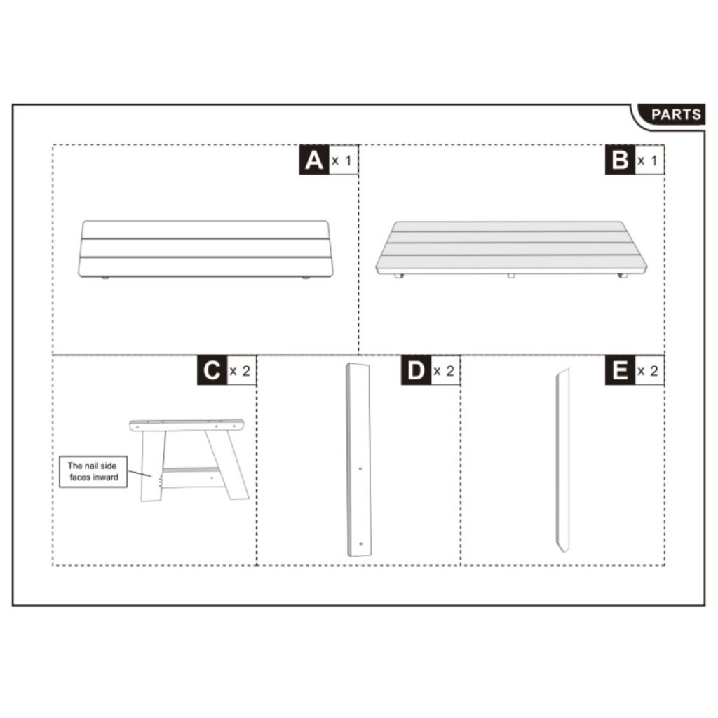 Wooden bench components including seat, backrest, legs, and braces.