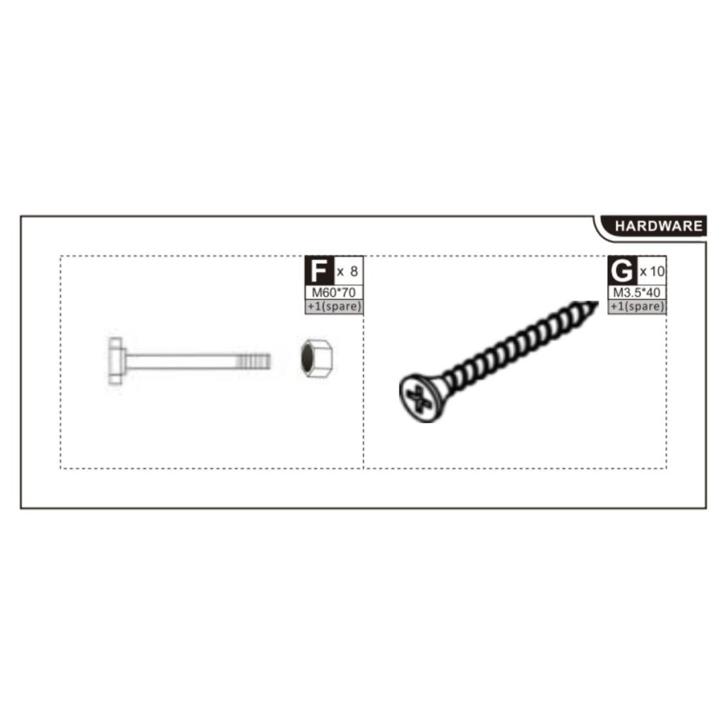 Hex bolts, nuts, and wood screws displayed for assembly.