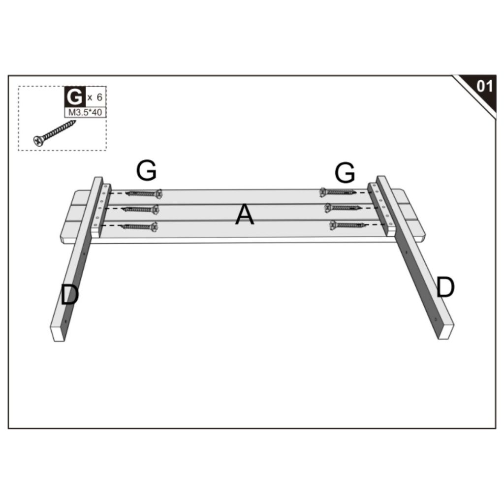 Wooden seat panel with legs secured using screws.