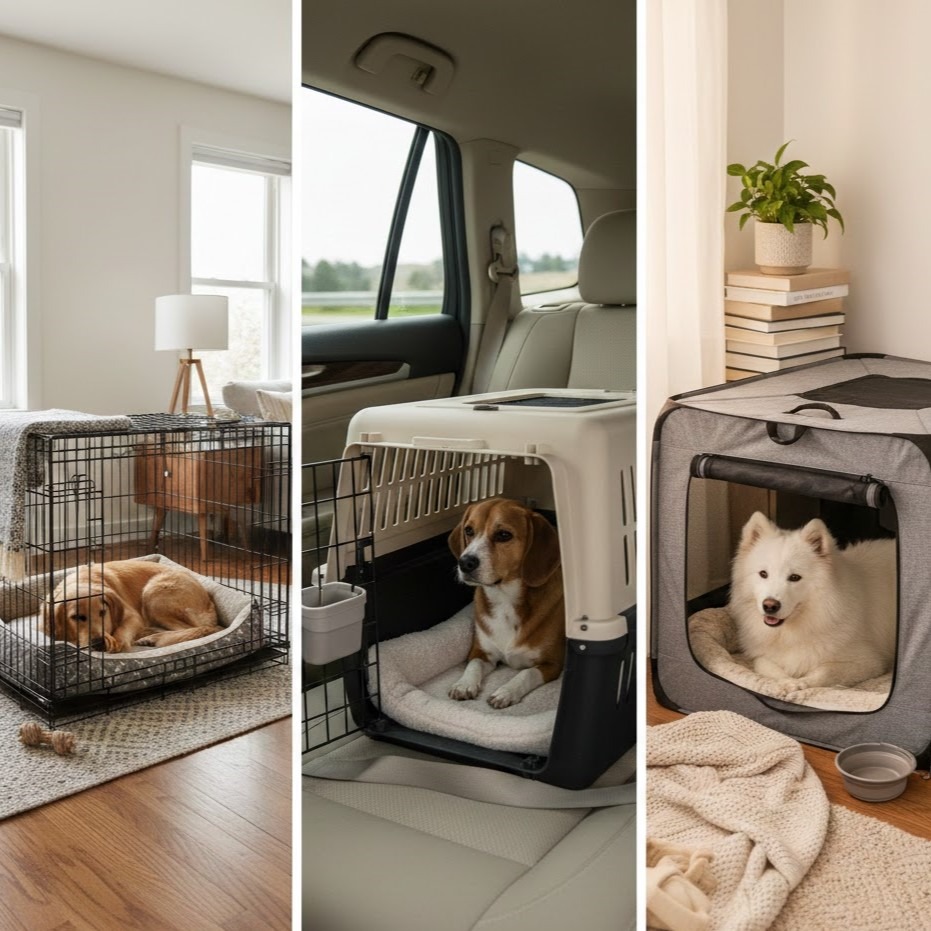 Three dogs inside wire, plastic, and soft travel crates.