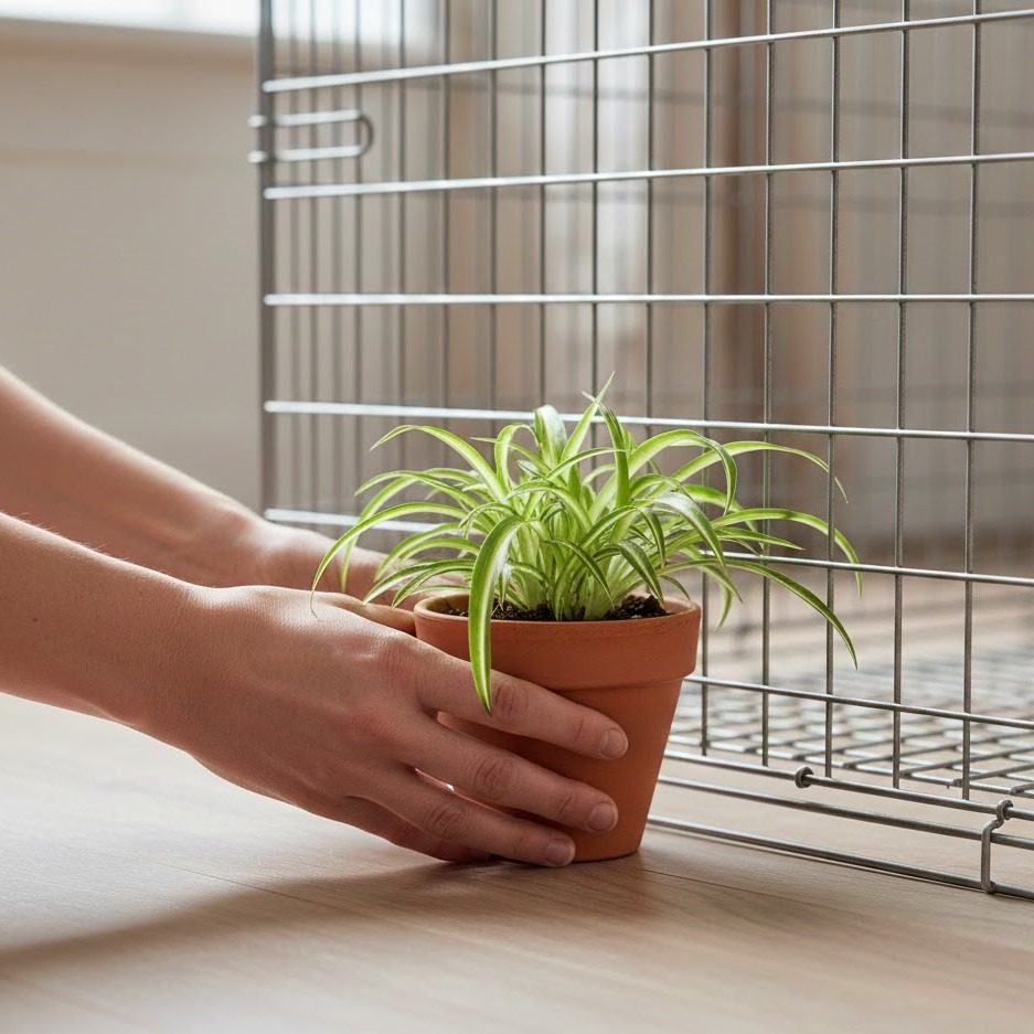 Hands placing a small potted plant beside a wire cage.