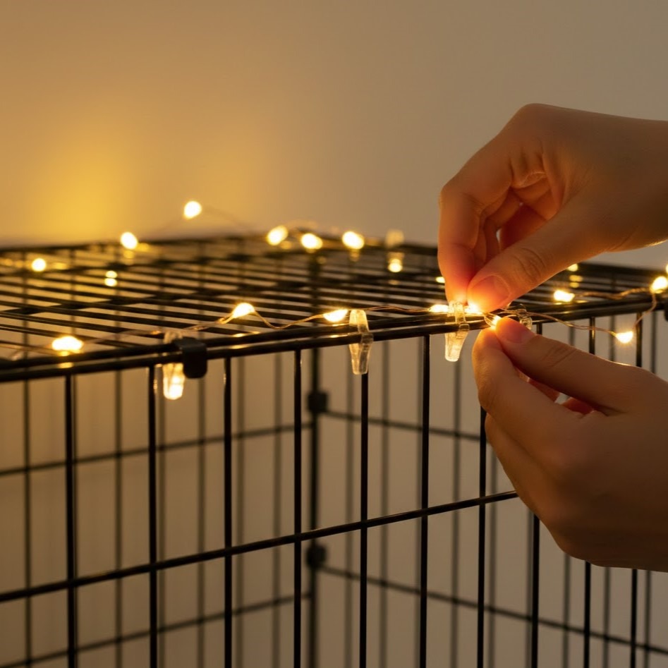 Hands attaching warm string lights onto a metal cage.