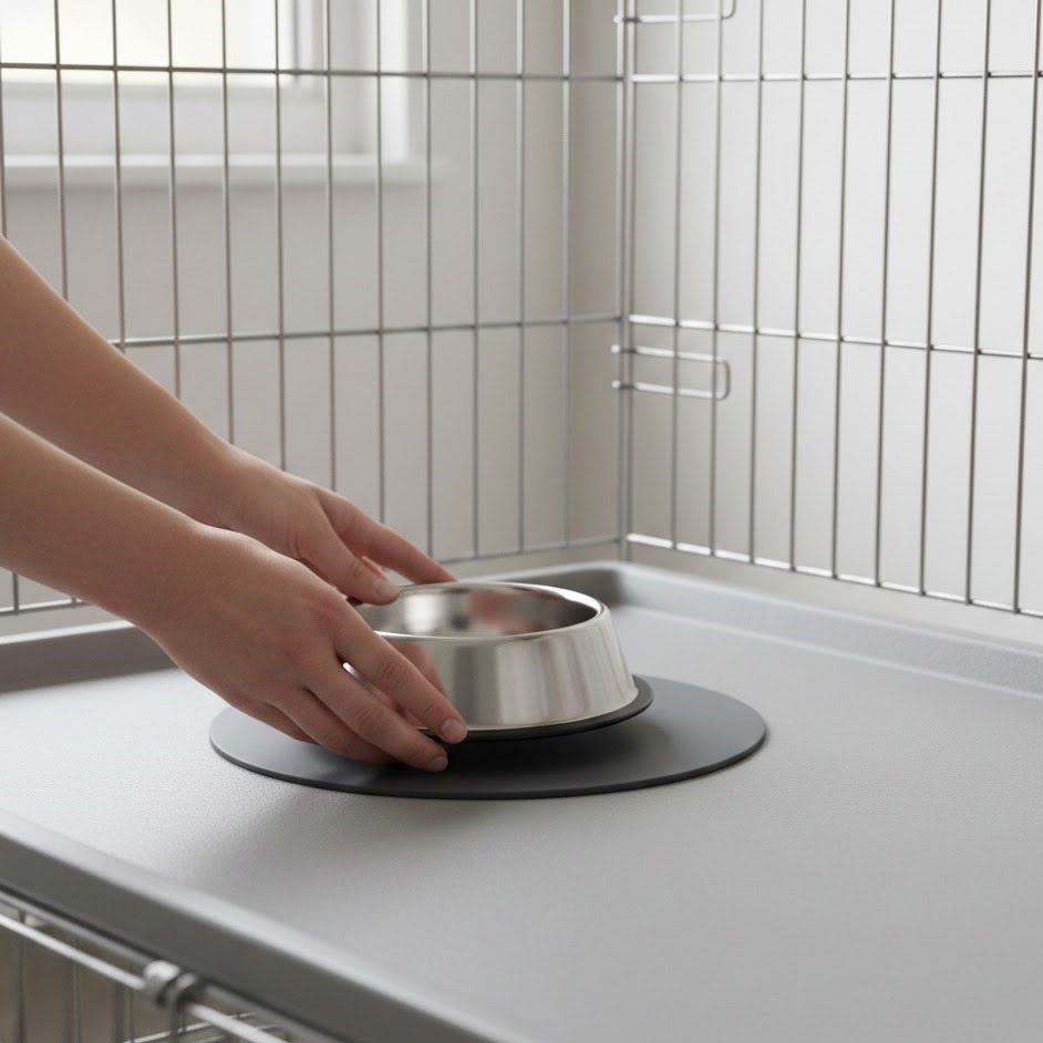 Person positioning a stainless-steel food bowl inside a wire cage.