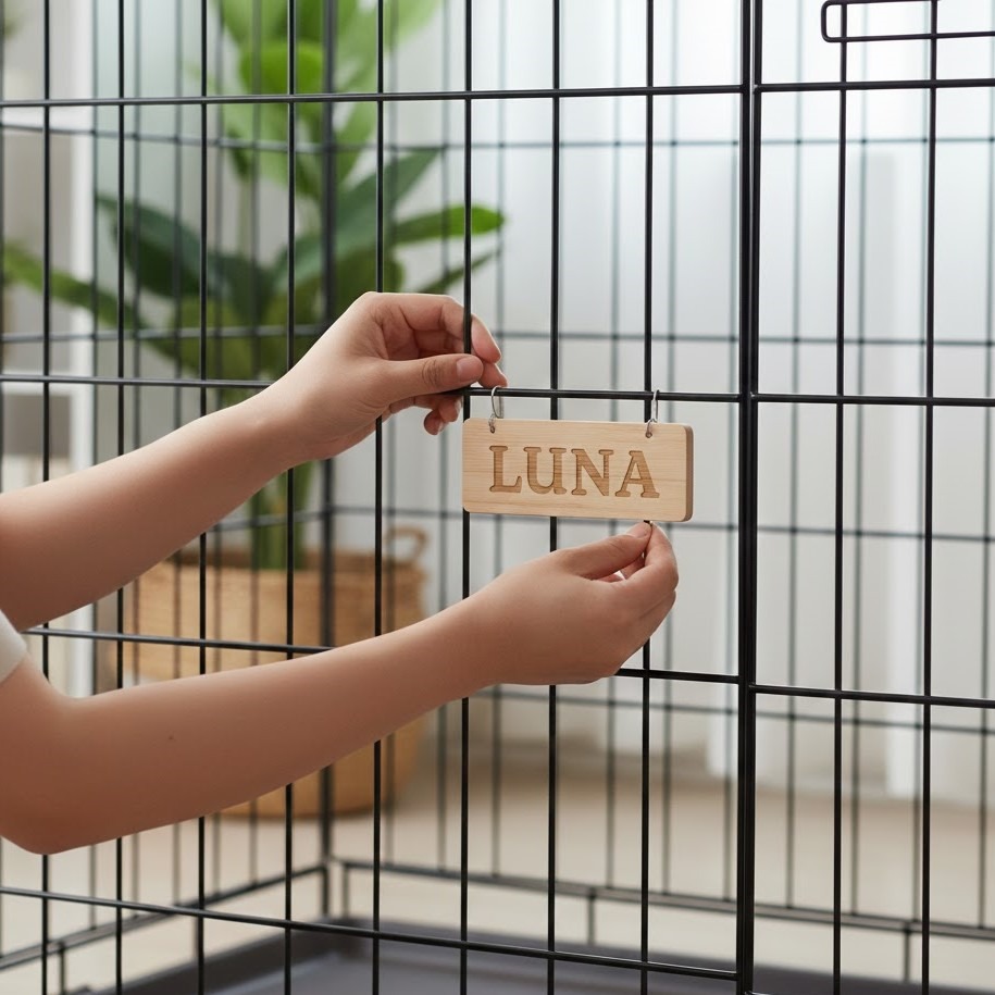 Person hanging a wooden name tag on a black pet cage.