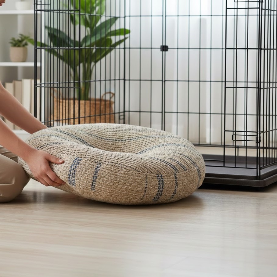 Person placing a woven cat bed near a black metal cage.